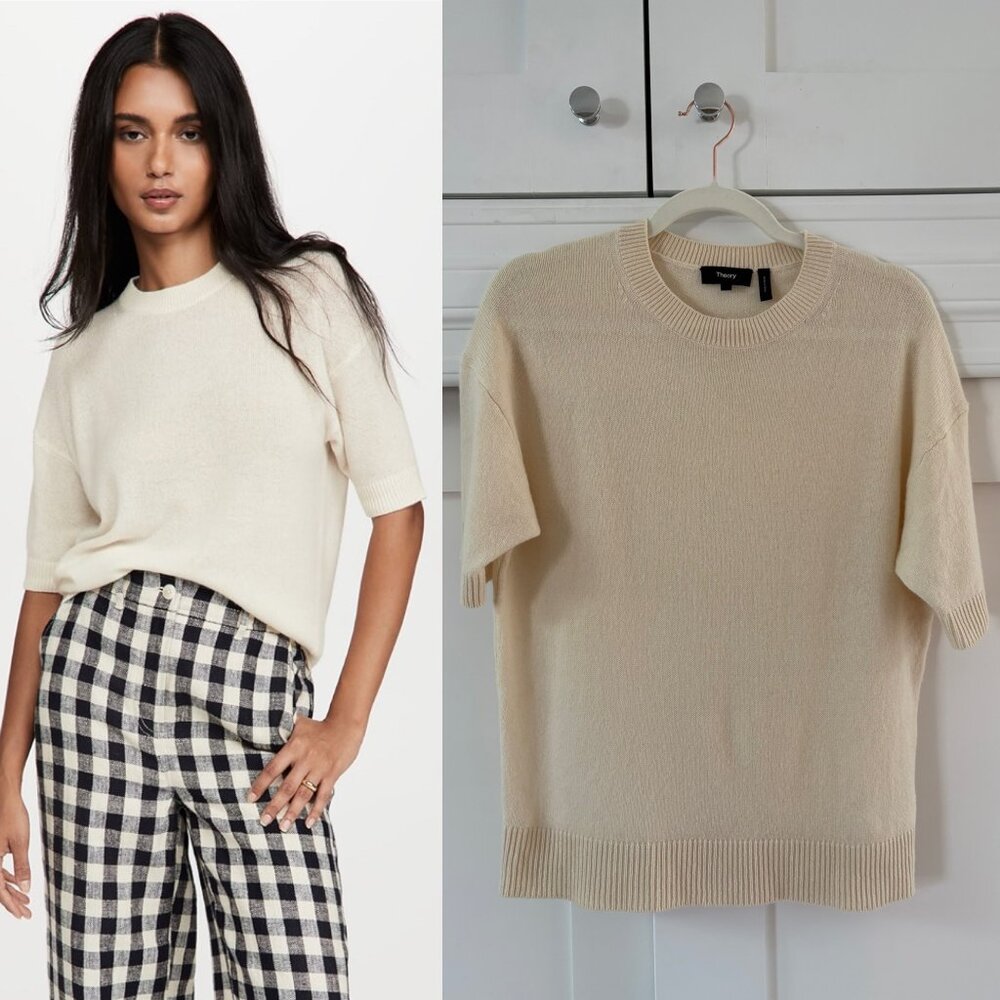 Theory Cream Short-Sleeve Crewneck Sweater
